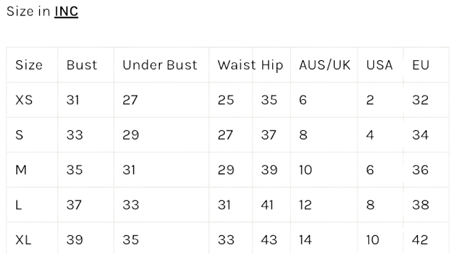 Size chart in inches